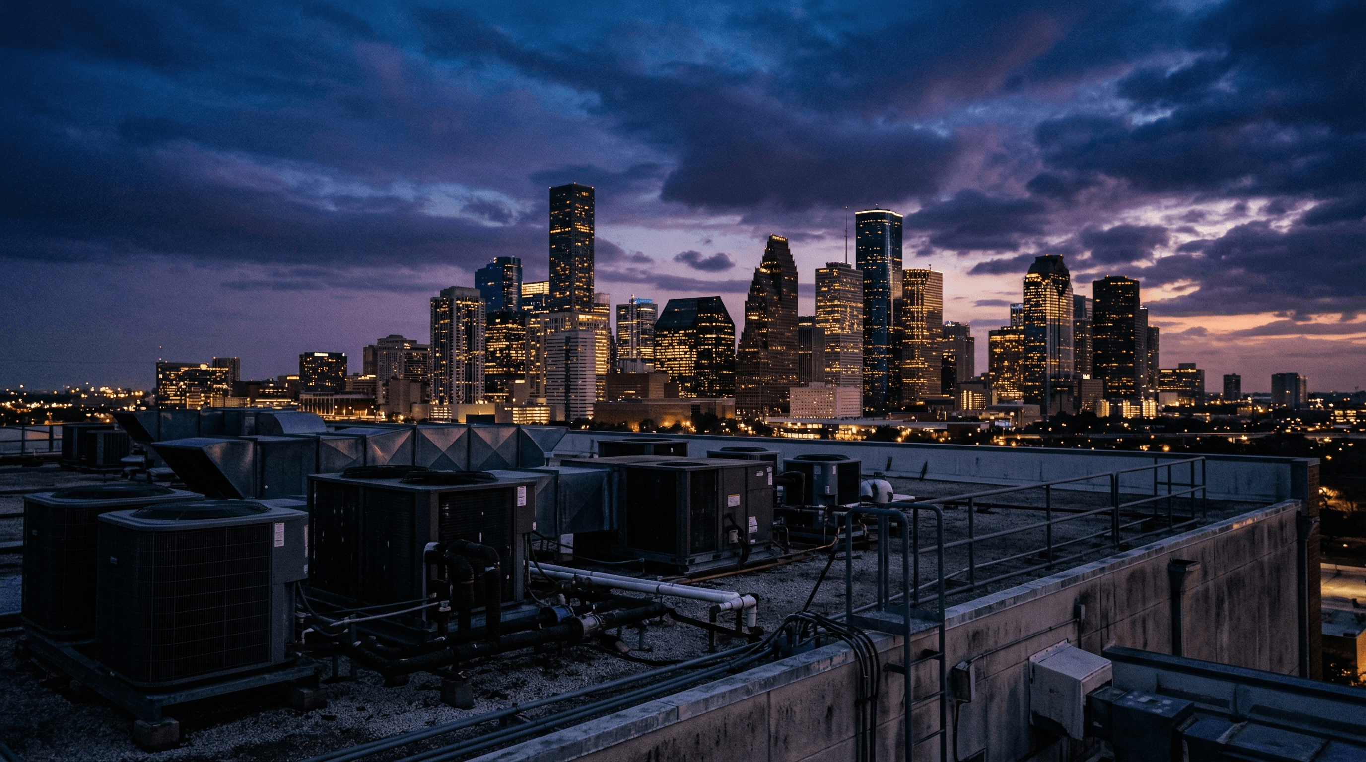 Houston skyline at dusk with HVAC equipment