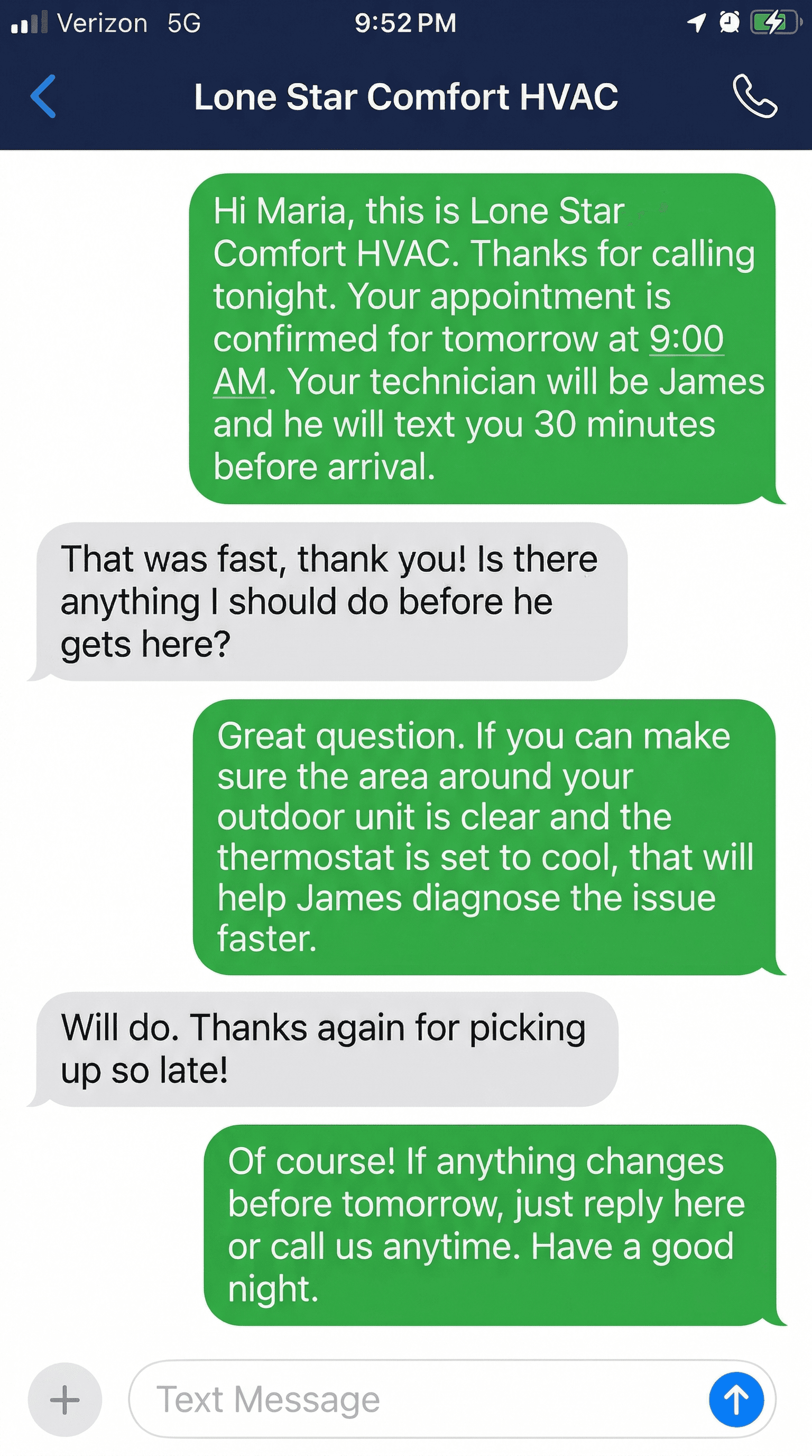 Screenshot of an automated booking confirmation text message sent to a customer after an HVAC service call